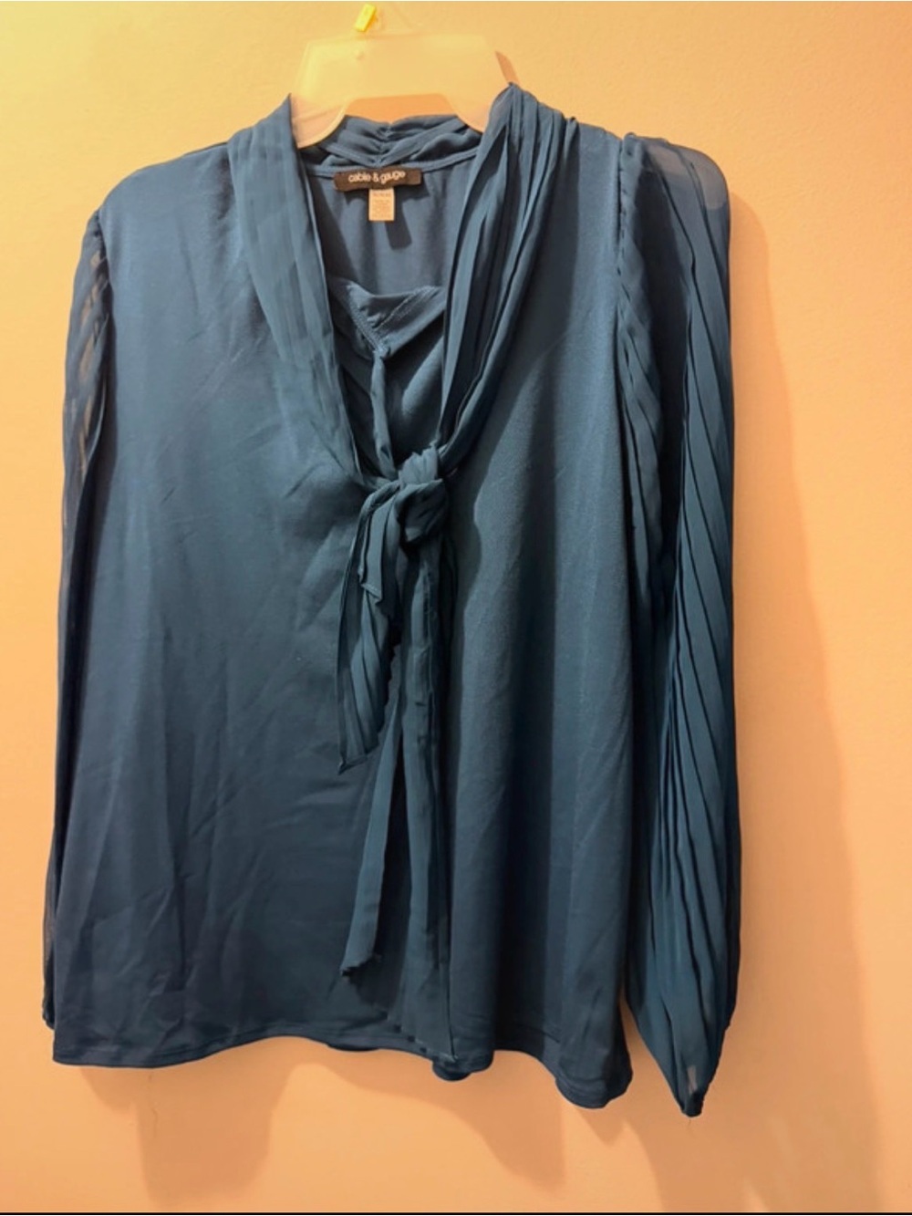 Cable & Gauge Teal Tie-Neck Long Sleeve Blouse